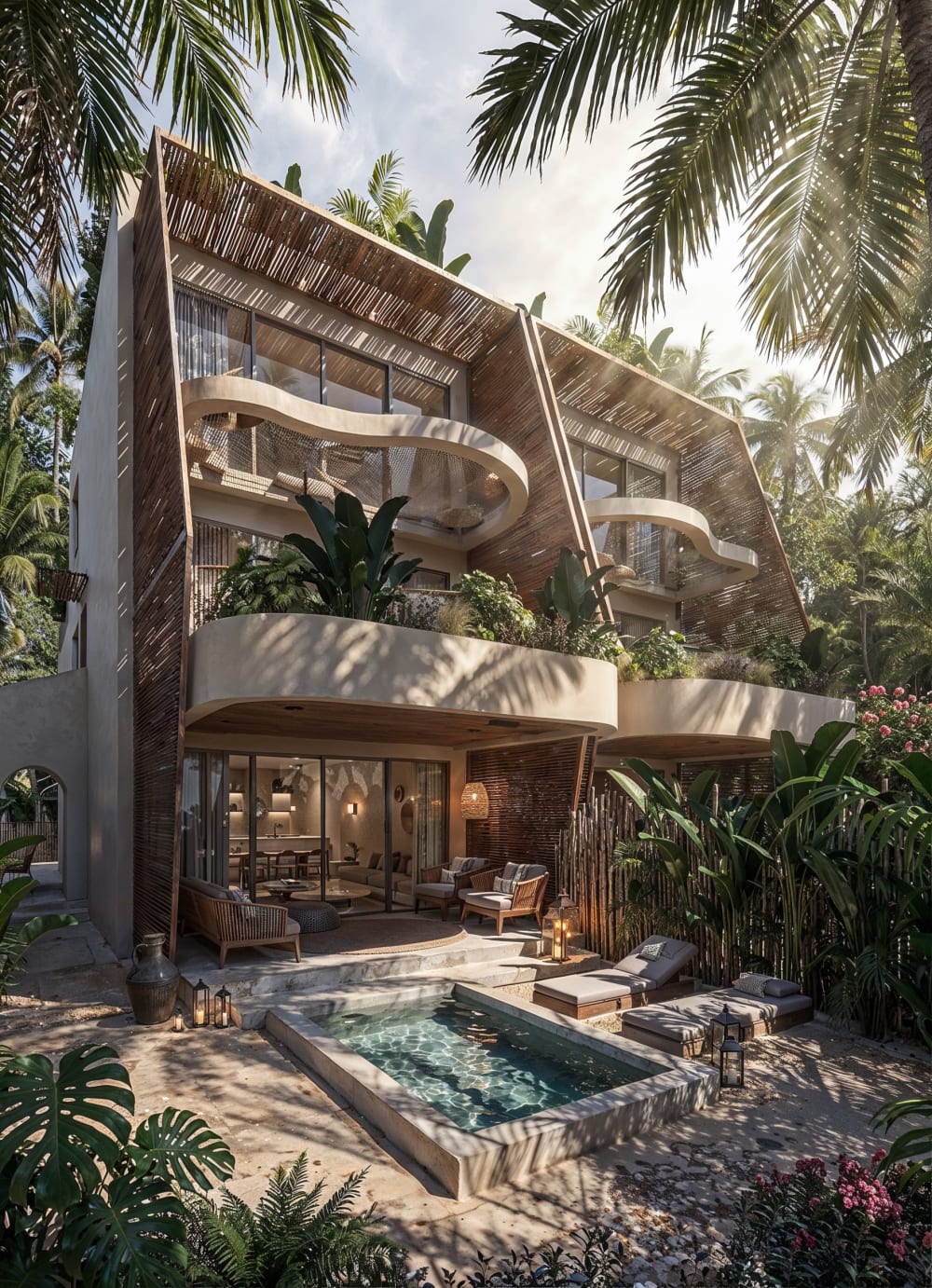 The villa from its garden: the plunge pool and the porch on the ground floor, the apartments above, Samaná Loft Villa · Render