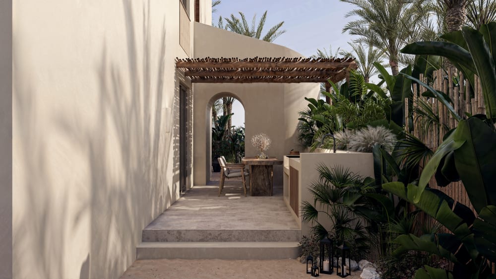 The garden path to the villa, under a timber pergola among palms, Samaná Loft Villa · Render