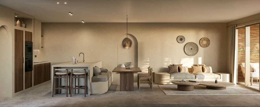 The living room: low sofas, the dining table and woven plates on clay walls, sliding doors to the garden, Samaná Loft Villa · Render