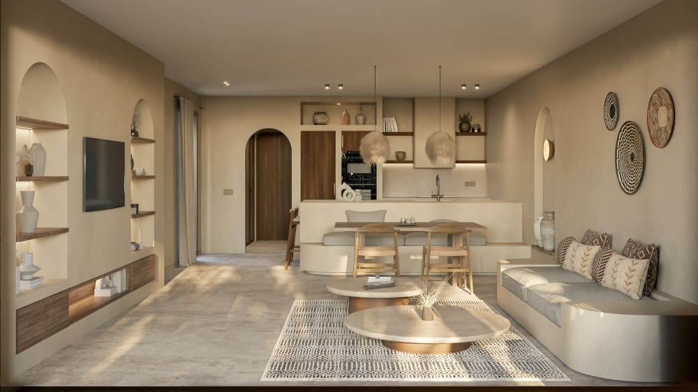 The kitchen and the dining table beyond the sofa, Samaná Loft Villa · Render