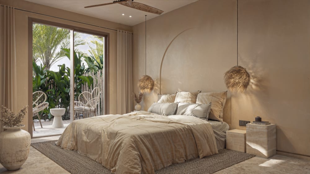 The bedroom, its sliding doors open onto the garden, Samaná Loft Villa · Render