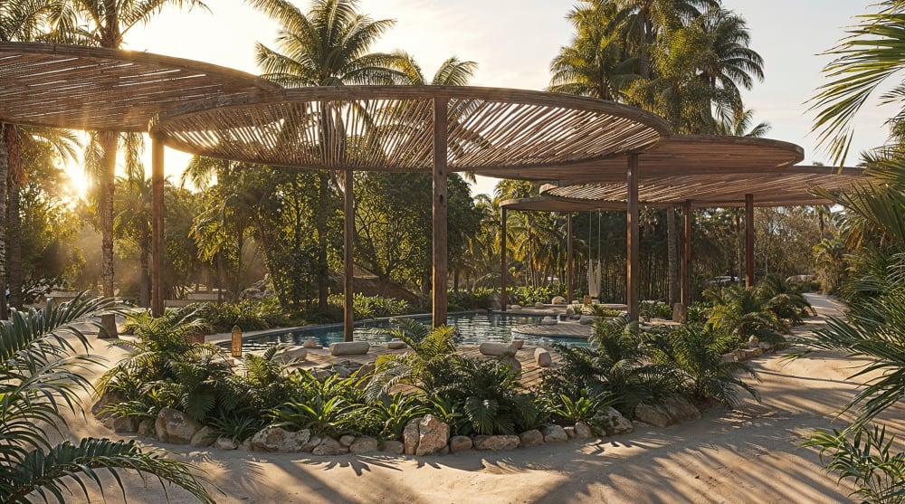 A round timber pergola over a planted yoga deck among palm trees, Samaná Loft Villa · Render