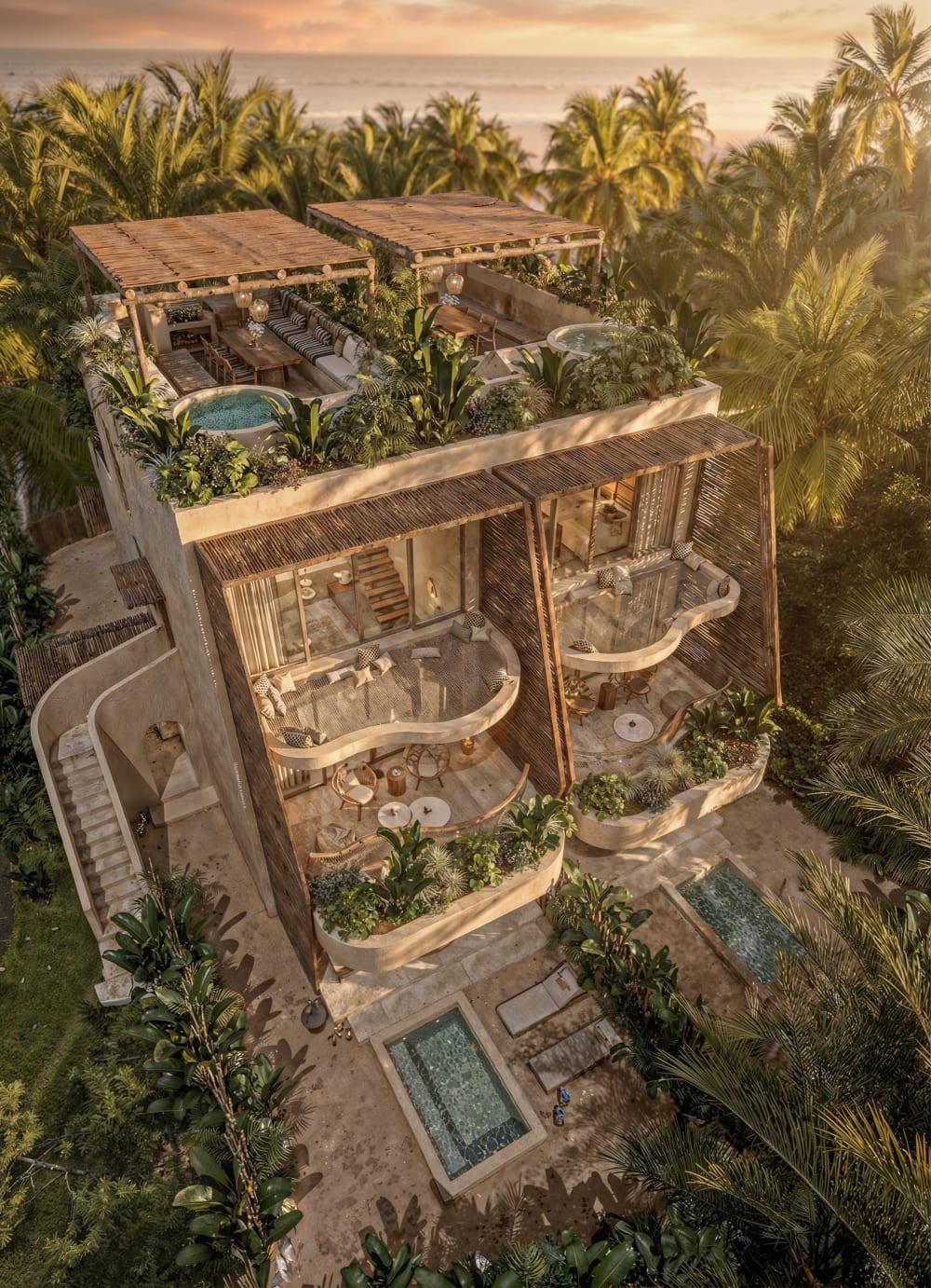 The building from above: the two gardens and their pools at its foot, the rooftops under pergolas, Samaná Loft Villa · Render