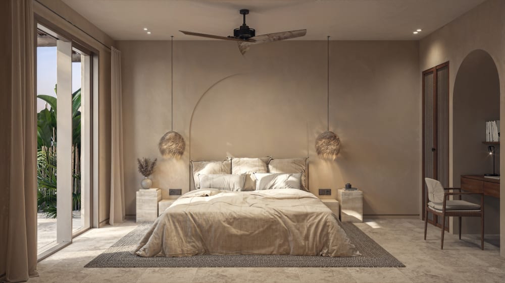 The bedroom under a ceiling fan, rattan pendant lamps either side of the bed, Samaná Loft Villa · Render