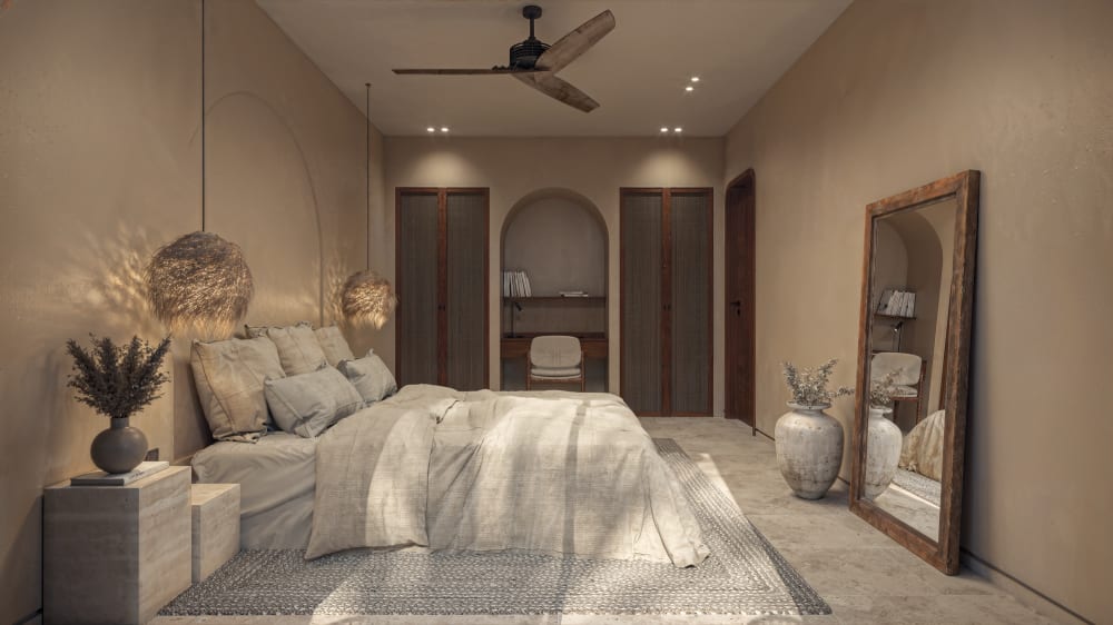 The bedroom: timber wardrobes either side of an arched niche, a tall mirror, Samaná Loft Villa · Render