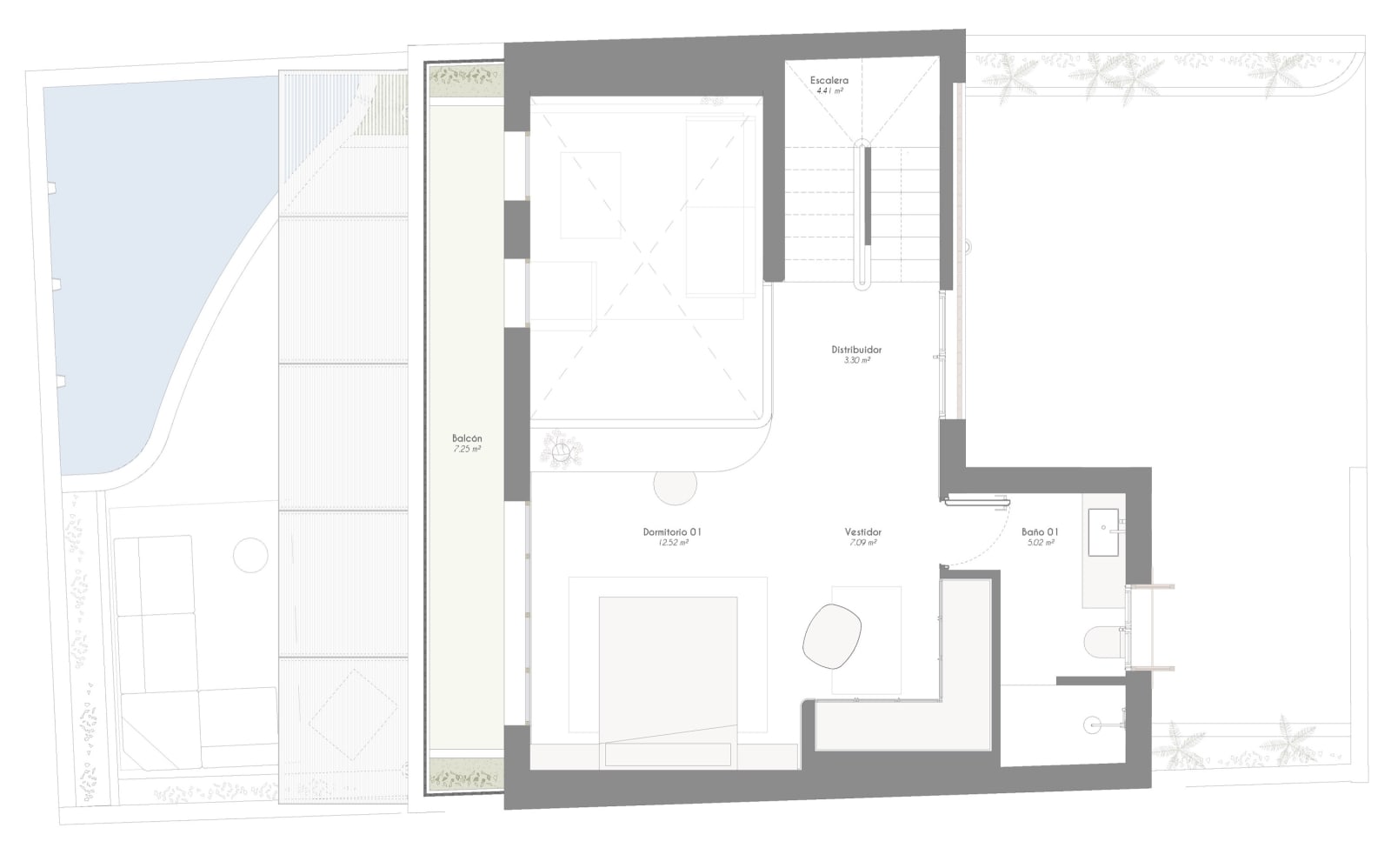 Grundriss des Obergeschosses: das Hauptschlafzimmer, sein Ankleidezimmer, Badezimmer und Balkon, Fuster 8