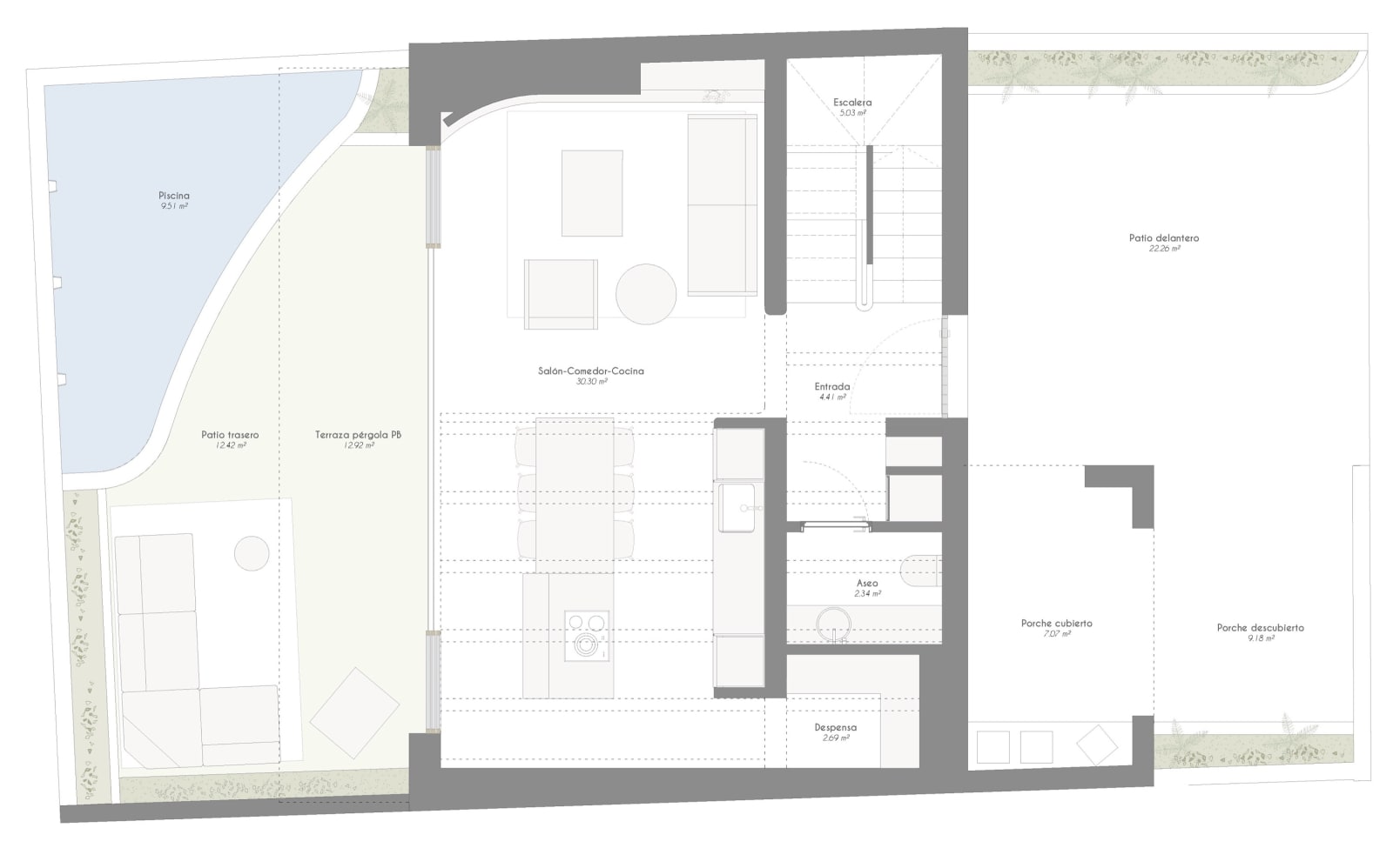Grundriss des Erdgeschosses: Wohnzimmer, Esszimmer und Küche, Terrasse und Pool, Fuster 8