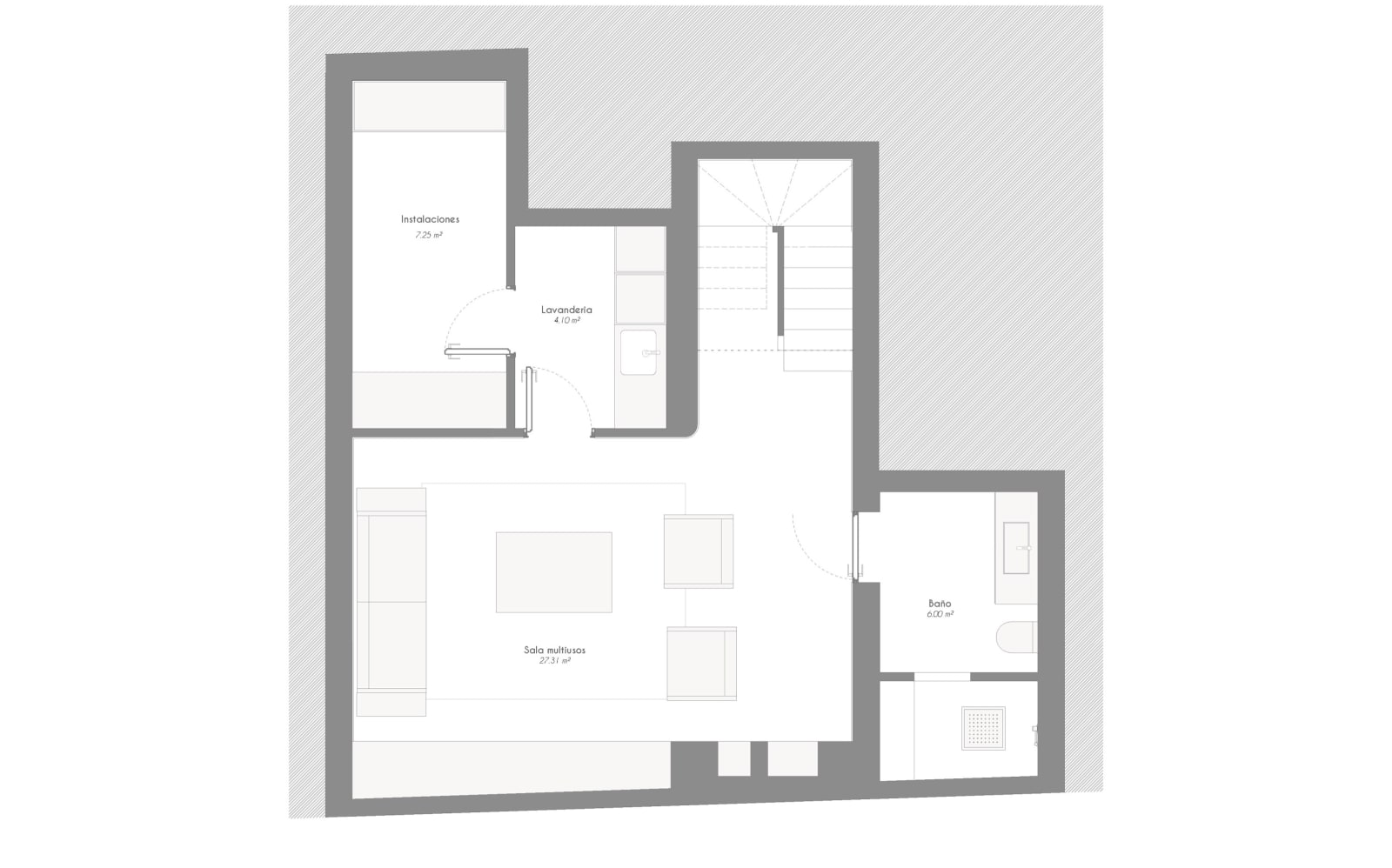 Grundriss der unteren Ebene: der Mehrzweckraum, die Waschküche und das Badezimmer, Fuster 8