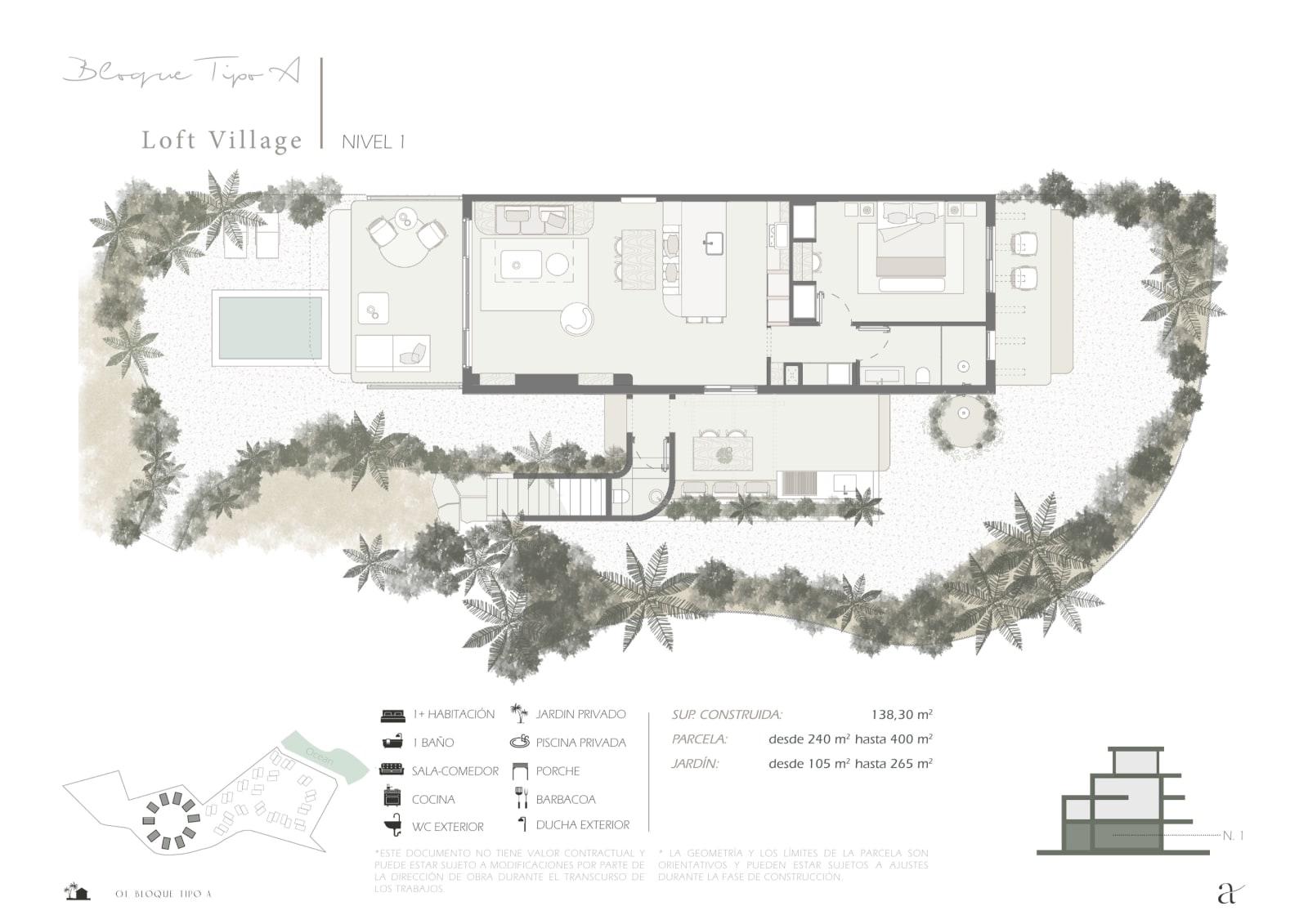 Typical plan of the villa type, each room with its area, Samaná Loft Villa
