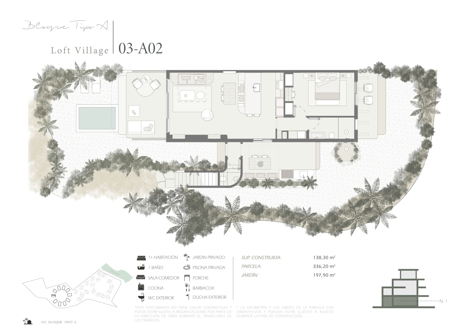 Plan of residence A02: the porch and the pool, the living room and kitchen, the bedroom and its terrace, the outdoor kitchen, in its garden, Samaná Loft Villa