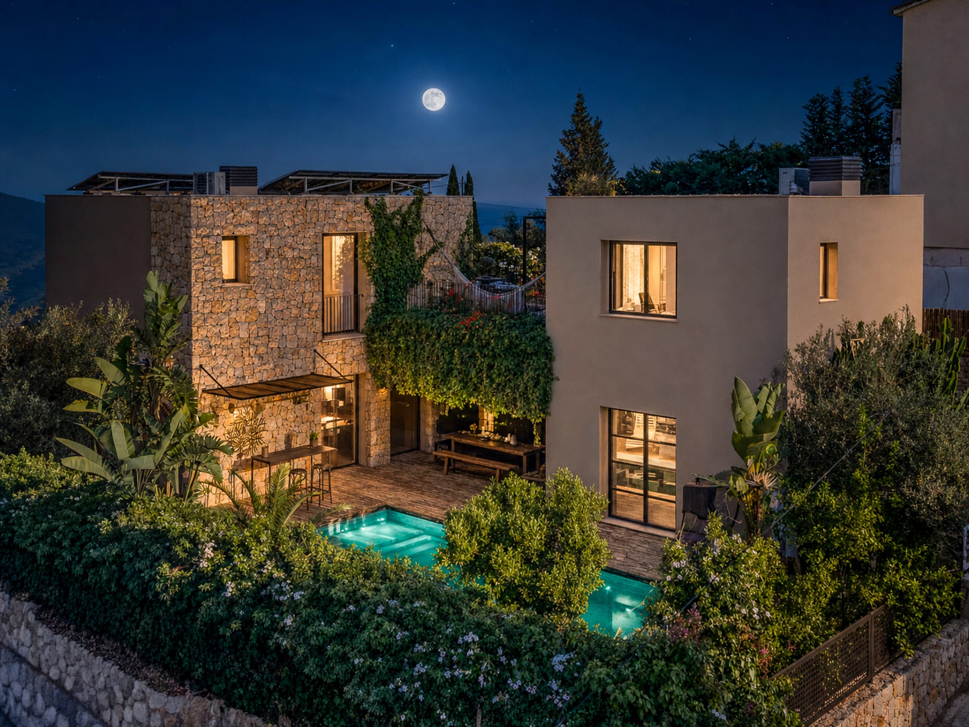 Casa Aguila from above at night, lit from within