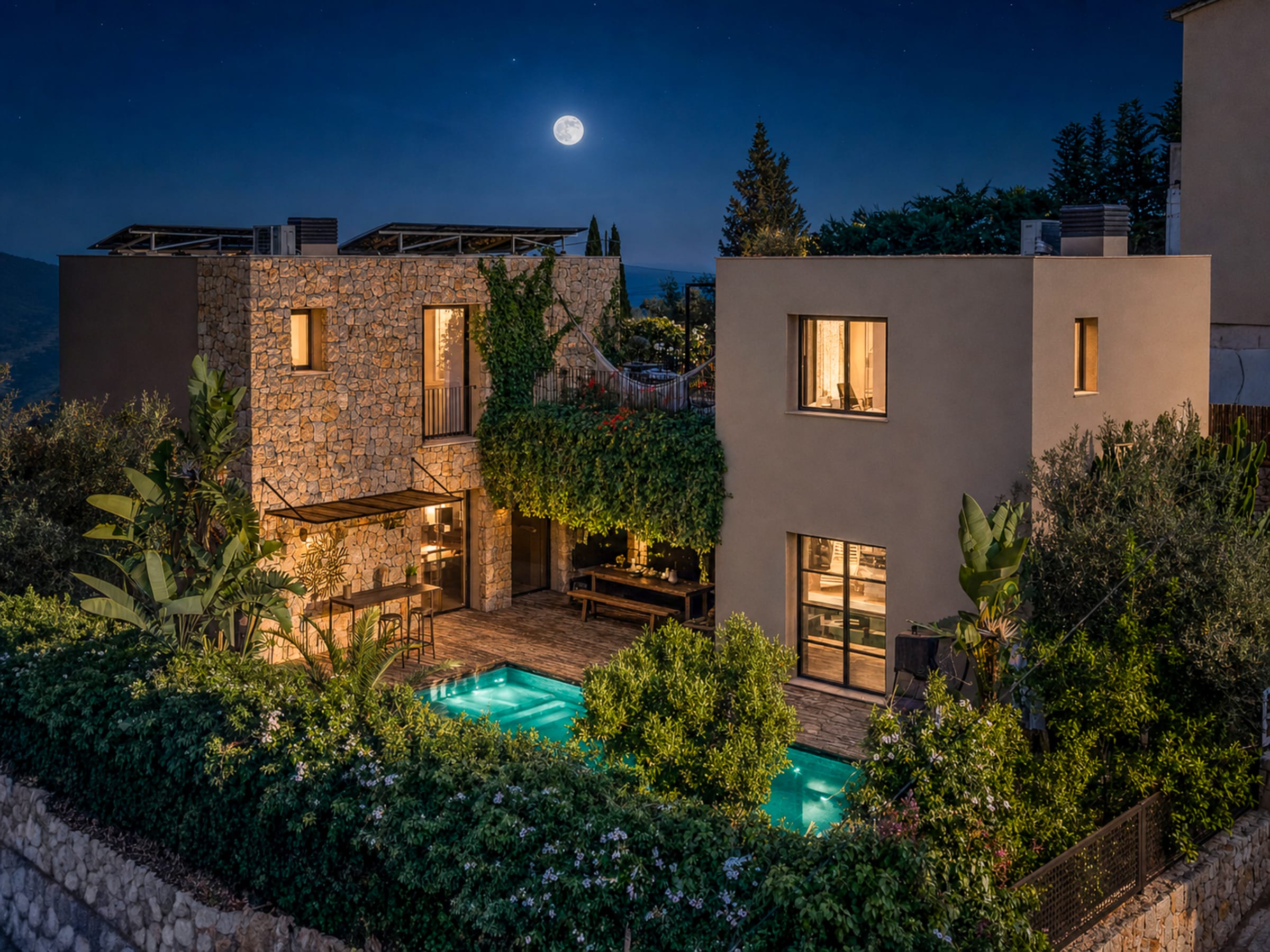 Casa Aguila von oben bei Nacht, von innen beleuchtet