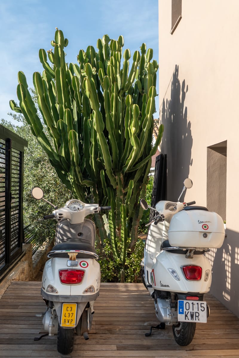 Scooters parked at the entrance