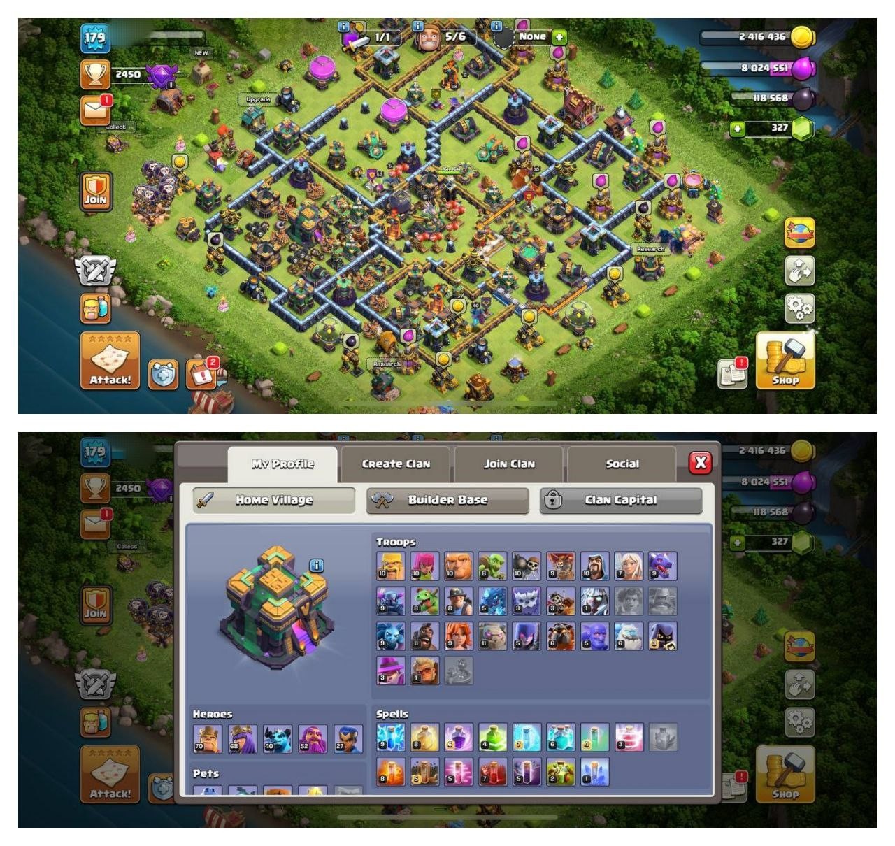 {70% DISCOUNT} TH14 SEMI MAX ⚡️5 EPIC EQUIPMENT⚡️XP-179⚡️HERO 70-68-40-52-27⚡️500 GEMS NAME CHANGE⚡️MAGIC ITEMS⚡️OP LAB 🚚