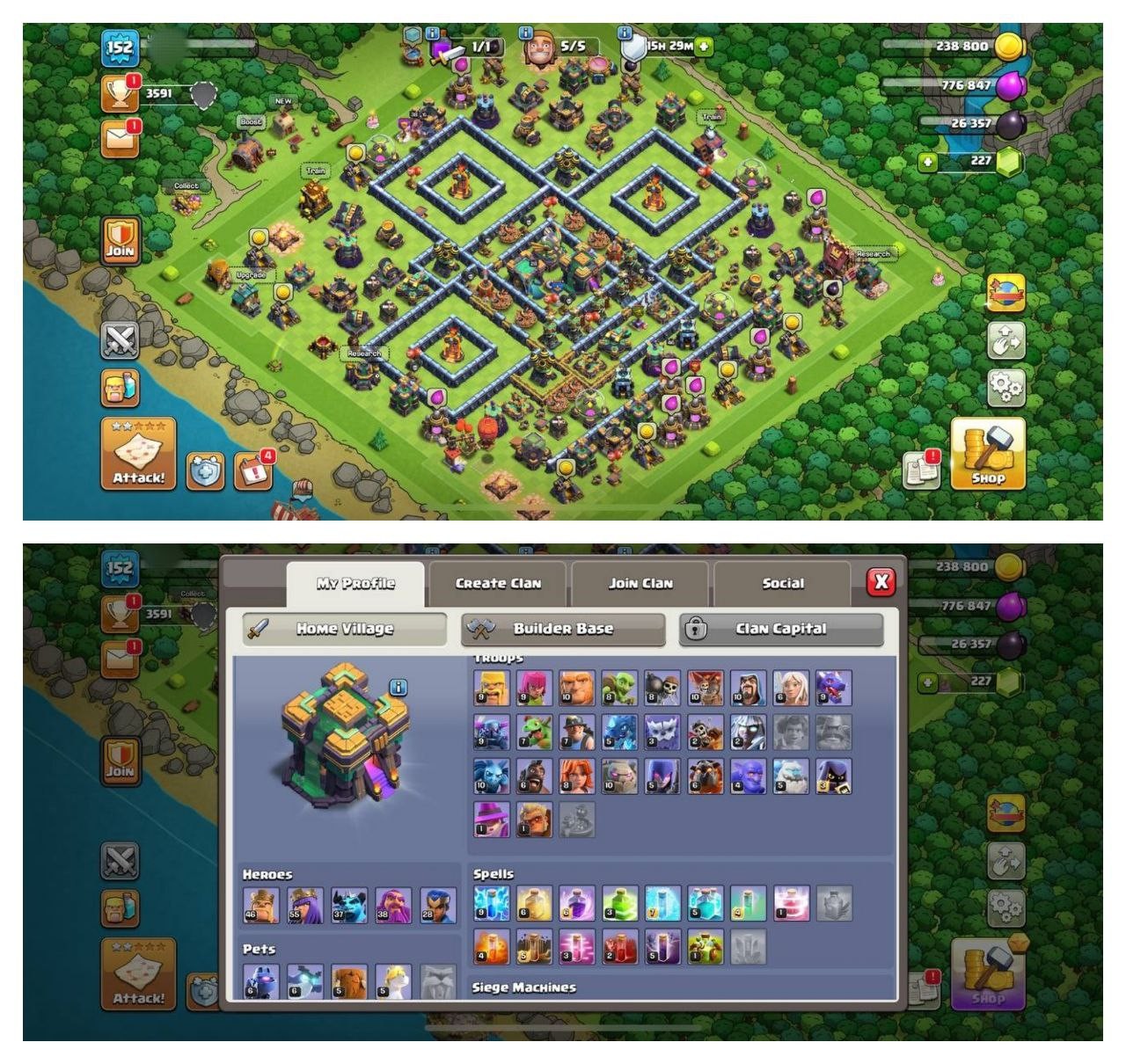 {50% DISCOUNT} TH14 SEMI MAX ⚡️5 EPIC EQUIPMENT⚡️XP-152⚡️HERO 46-55-37-38-28⚡️500 GEMS NAME CHANGE⚡️MAGIC ITEMS⚡️OP LAB 🚚