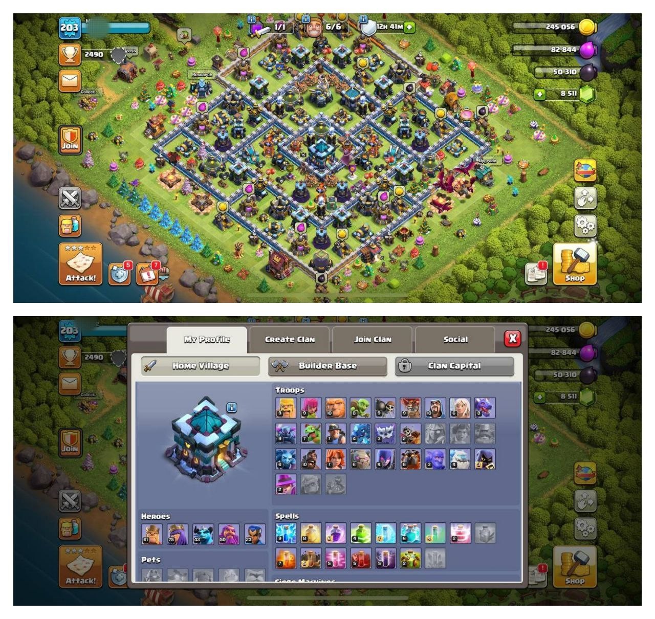 {50% DISCOUNT} TH13 SEMI MAX ⚡️6 EPIC EQUIPMENT⚡️XP-203⚡️HERO 61-75-43-50-23⚡️500 GEMS NAME CHANGE⚡️MAGIC ITEMS⚡️OP LAB 🚚