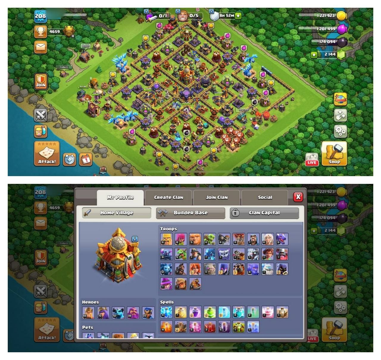 {70% DISCOUNT} TH16 SEMI MAX ⚡️5 EPIC EQUIPMENT⚡️XP-208⚡️HERO 66-70-42-38-22⚡️500 GEM NAME CHANGE⚡️MAGIC ITEMS⚡️OP LAB 🚚