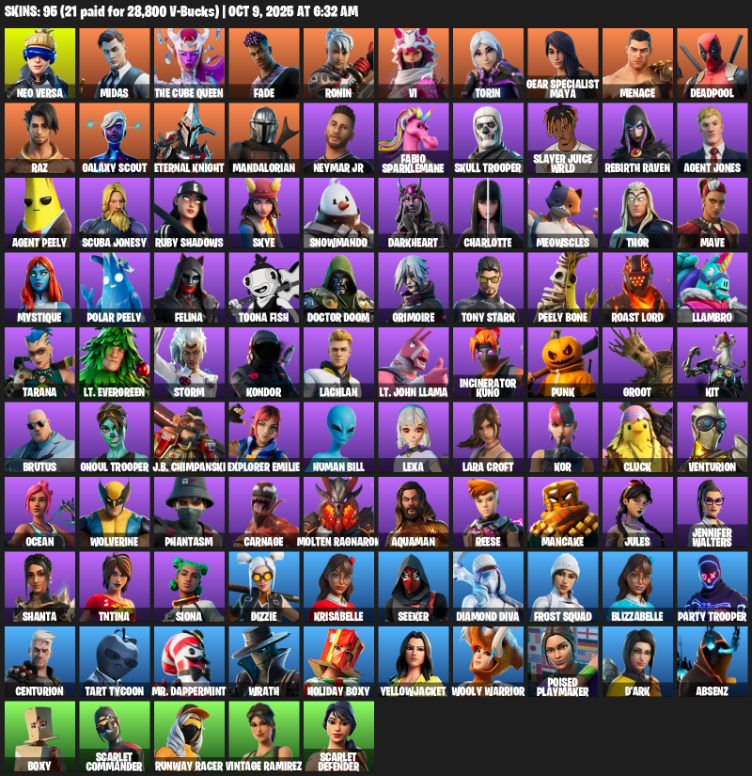 Fortnite Account ( PLAYSTATION / XBOX / PC / MOBILE / NINTENDO ) (Lara Croft, Reaper Axe, Neo Versa, Midas, The Cube Queen, Fade, Ronin, Vi, Torin) (95 Skins)