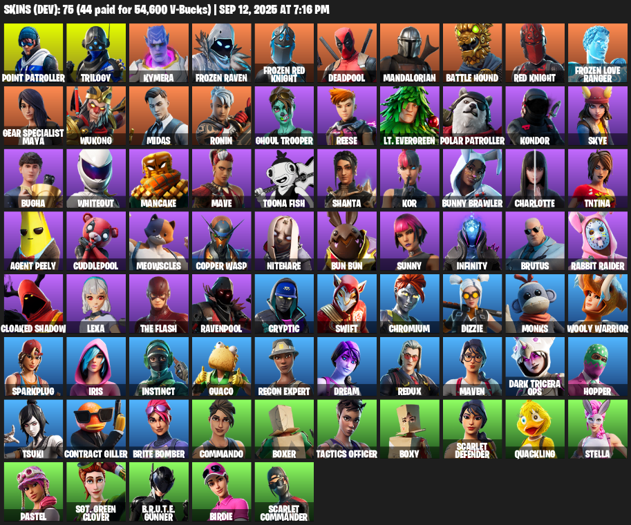 Fortnite Account ( PLAYSTATION / XBOX / PC / MOBILE / NINTENDO ) (Reaper Axe, Point Patroller, Trilogy, Kymera, Frozen Raven, Frozen Red Knight, Deadpool) (75 Skins)