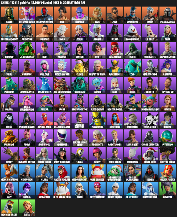Fortnite Account ( PLAYSTATION / XBOX / PC / MOBILE / NINTENDO ) (Lara Croft, Hades, The Cube Queen, The Foundation, Raz, Kymera, Zeus, Joey) (112 Skins)