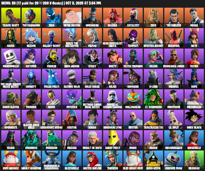 Fortnite Account ( PLAYSTATION / XBOX / PC / MOBILE / NINTENDO ) (Travis Scott, The Paradigm, Zero, Peter Griffin, Omegarok, Valeria, Catalyst, Zeus) (80 Skins)