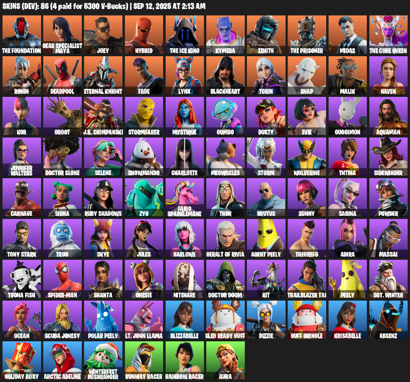 Fortnite Account ( PLAYSTATION / XBOX / PC / MOBILE / NINTENDO ) (Reaper Axe, The Foundation, Gear Specialist Maya, Joey, Hybrid, The Ice King) (86 Skins)