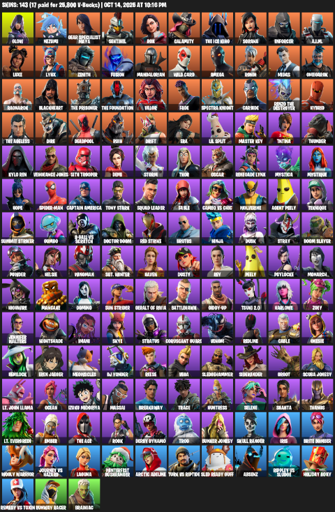 Fortnite Account ( PLAYSTATION / XBOX / PC / MOBILE / NINTENDO ) (Omega, Reaper Axe, Glow, Nezumi, Gear Specialist Maya, Sentinel, Rox, Calamity, The Ice King) (143 Skins)