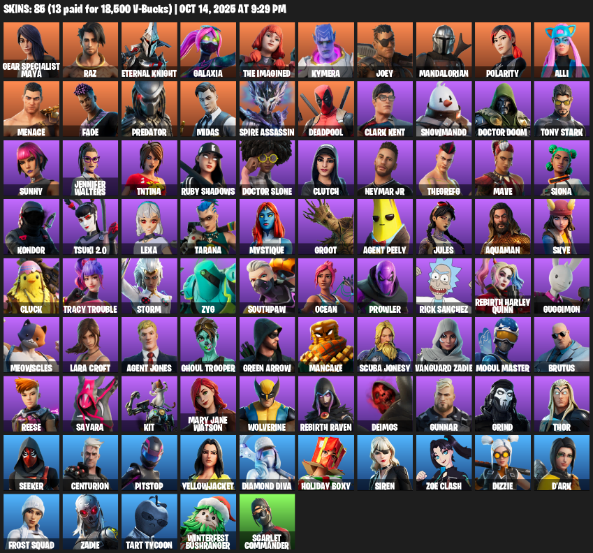 Fortnite Account ( PLAYSTATION / XBOX / PC / MOBILE / NINTENDO ) (Lara Croft, Gear Specialist Maya, Raz, Eternal Knight, Galaxia, The Imagined, Kymera) (85 Skins)