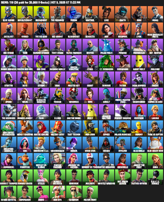 Fortnite Account ( PLAYSTATION / XBOX / PC / MOBILE / NINTENDO ) (Merry Mint Axe, Royale Knight, Blue Squire, Breakpoint, The Prisoner, Fusion, Sentinel, Luxe) (116 Skins)