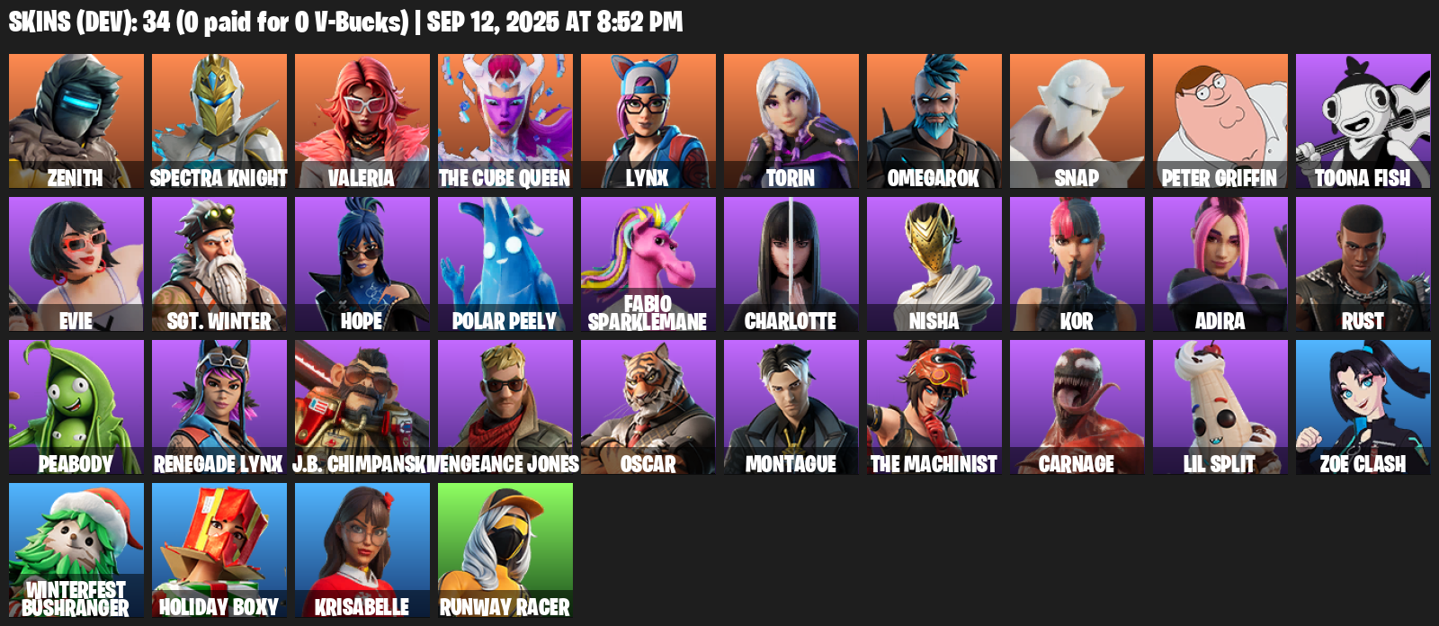 Fortnite Account ( PLAYSTATION / XBOX / PC / MOBILE / NINTENDO ) (Zenith, Spectra Knight, Valeria, The Cube Queen, Lynx, Torin, Omegarok, Snap) (34 Skins)