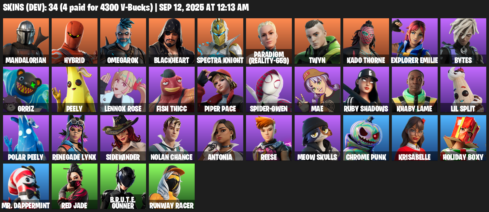 Fortnite Account ( PLAYSTATION / XBOX / PC / MOBILE / NINTENDO ) (Mandalorian, Hybrid, Omegarok, Blackheart, Spectra Knight, Paradigm (Reality-659), Twyn) (34 Skins)
