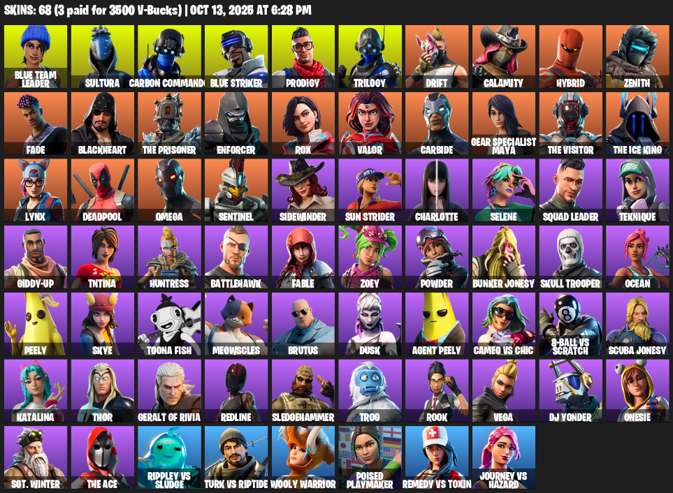 Fortnite Account ( PLAYSTATION / XBOX / PC / MOBILE / NINTENDO ) (Omega, Blue Team Leader, Sultura, Carbon Commando, Blue Striker, Prodigy, Trilogy, Drift) (68 Skins)