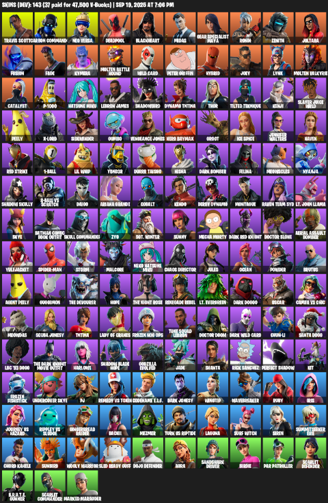 Fortnite Account ( PLAYSTATION / XBOX / PC / MOBILE / NINTENDO ) (Travis Scott, Carbon Commando, Neo Versa, Deadpool, Blackheart, Midas, Gear Specialist Maya) (143 Skins)