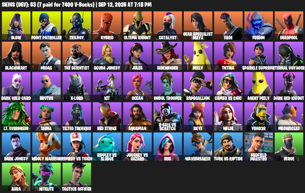 Fortnite Account ( PLAYSTATION / XBOX / PC / MOBILE / NINTENDO ) (Glow, Point Patroller, Trilogy, Hybrid, Ultima Knight, Catalyst) (53 Skins)