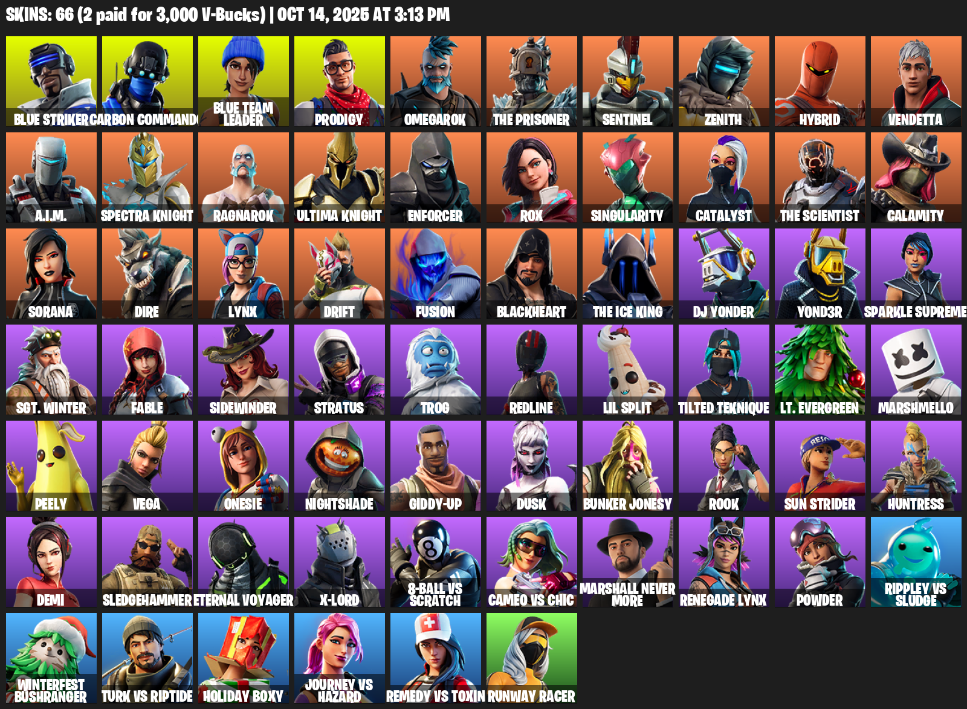 Fortnite Account ( PLAYSTATION / XBOX / PC / MOBILE / NINTENDO ) (Blue Striker, Carbon Commando, Blue Team Leader, Prodigy, Omegarok, The Prisoner, Sentinel) (66 Skins)