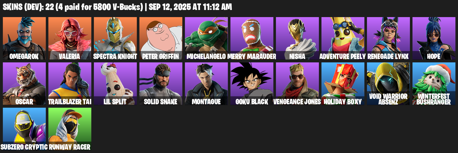 Fortnite Account ( PLAYSTATION / XBOX / PC / MOBILE / NINTENDO ) (Omegarok, Valeria, Spectra Knight, Peter Griffin, Michelangelo, Merry Marauder, Nisha) (22 Skins)