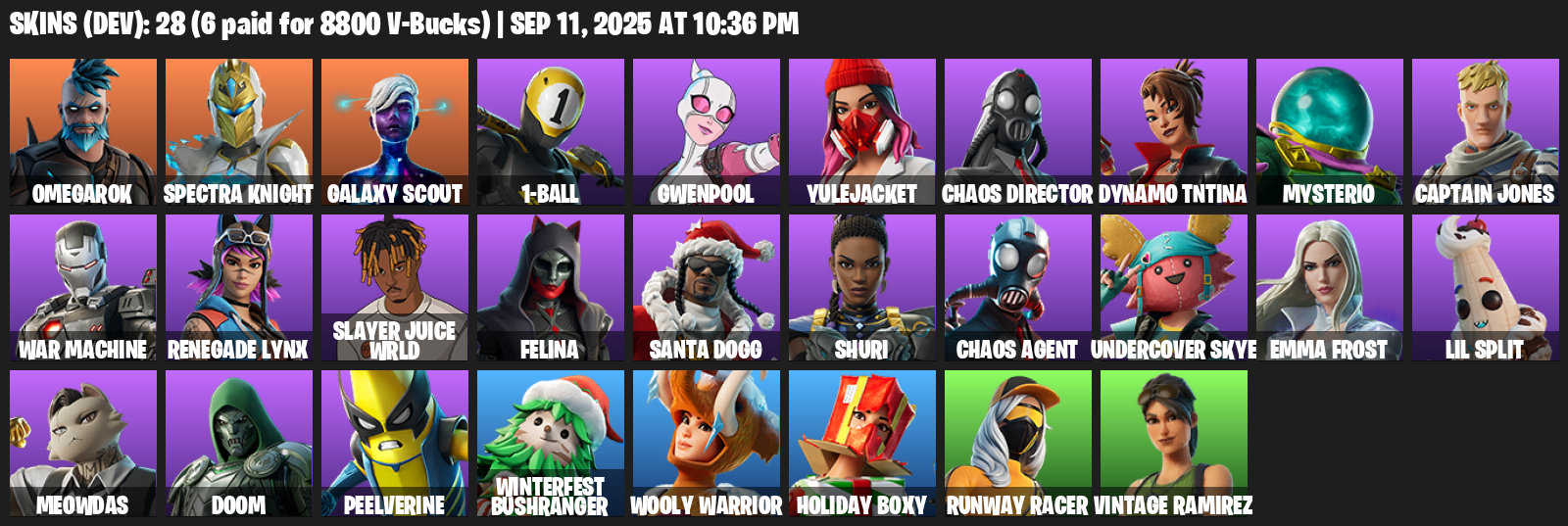 Fortnite Account ( PLAYSTATION / XBOX / PC / MOBILE / NINTENDO ) (Omegarok, Spectra Knight, Galaxy Scout, 1-Ball, Gwenpool, Yulejacket, Chaos Director) (28 Skins)