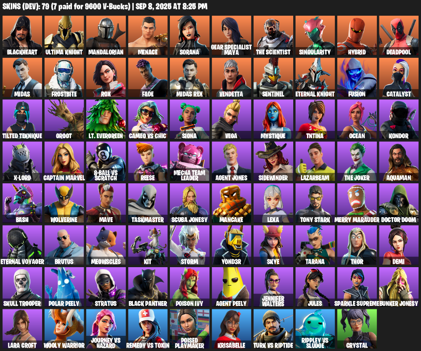 Fortnite Account ( PLAYSTATION / XBOX / PC / MOBILE / NINTENDO ) (Lara Croft, Blackheart, Ultima Knight, Mandalorian, Menace, Sorana, Gear Specialist Maya) (79 Skins)