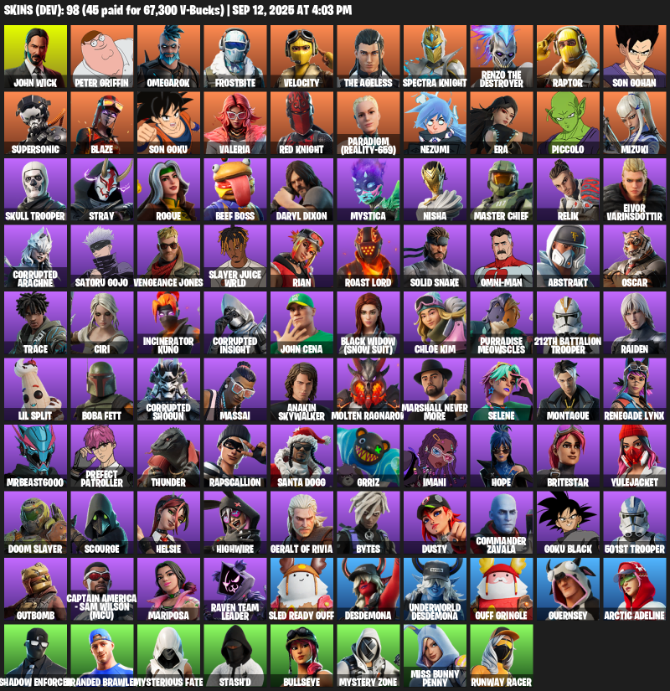 Fortnite Account ( PLAYSTATION / XBOX / PC / MOBILE / NINTENDO ) (Reaper Axe, John Wick, Peter Griffin, Omegarok, Frostbite, Velocity, The Ageless, Spectra Knight) (98 Skins)