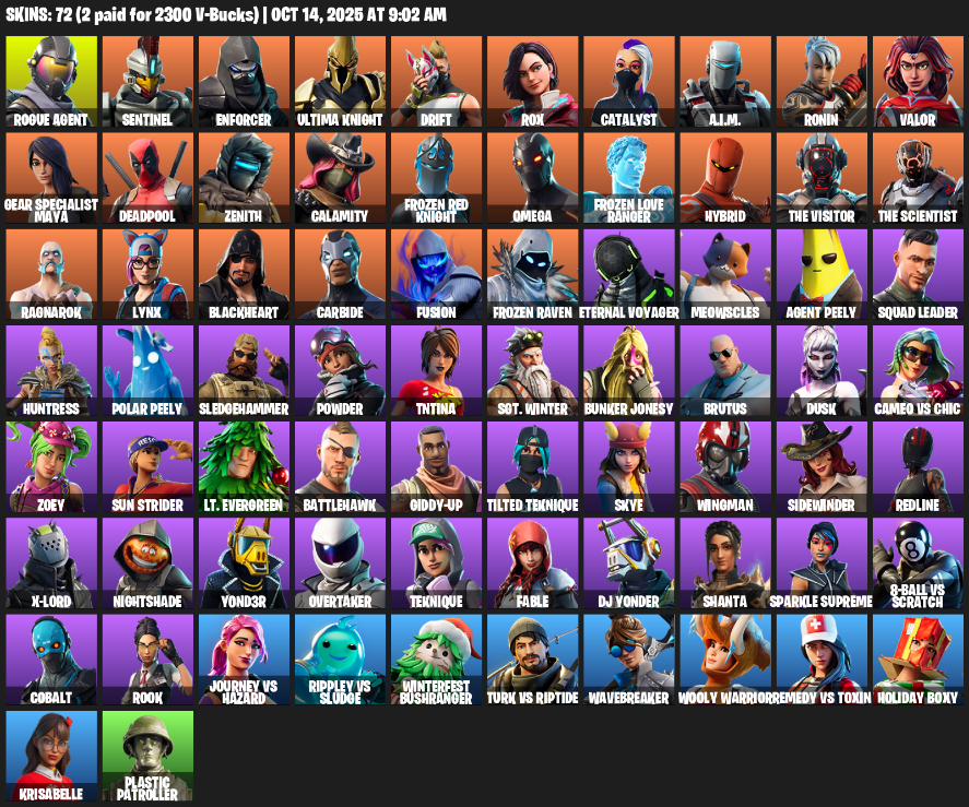 Fortnite Account ( PLAYSTATION / XBOX / PC / MOBILE / NINTENDO ) (Omega, Rogue Agent, Sentinel, Enforcer, Ultima Knight, Drift, Rox, Catalyst, A.I.M., Ronin) (72 Skins)