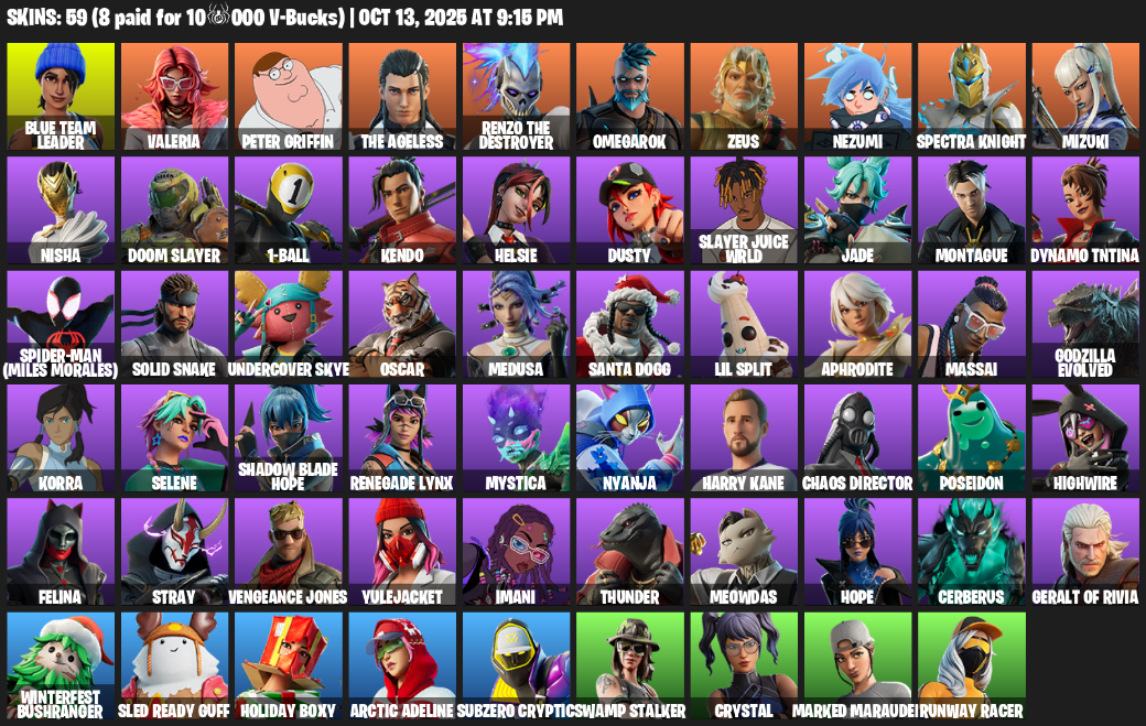 Fortnite Account ( PLAYSTATION / XBOX / PC / MOBILE / NINTENDO ) (Blue Team Leader, Valeria, Peter Griffin, The Ageless, Renzo the Destroyer, Omegarok, Zeus) (59 Skins)