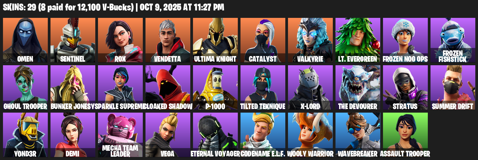 Fortnite Account ( PLAYSTATION / XBOX / PC / MOBILE / NINTENDO ) (Merry Mint Axe, Reaper Axe, Omen, Sentinel, Rox, Vendetta, Ultima Knight, Catalyst, Valkyrie) (29 Skins)
