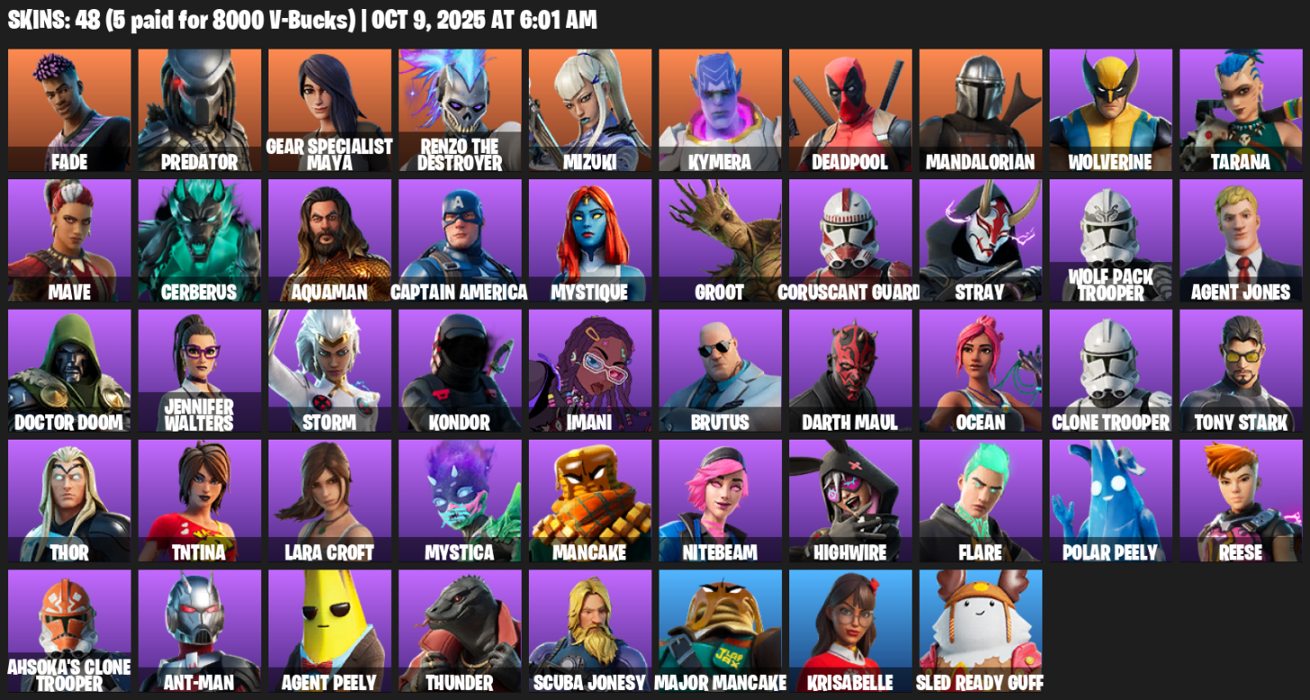 Fortnite Account ( PLAYSTATION / XBOX / PC / MOBILE / NINTENDO ) (Lara Croft, Fade, Predator, Gear Specialist Maya, Renzo the Destroyer, Mizuki, Kymera, Deadpool) (48 Skins)