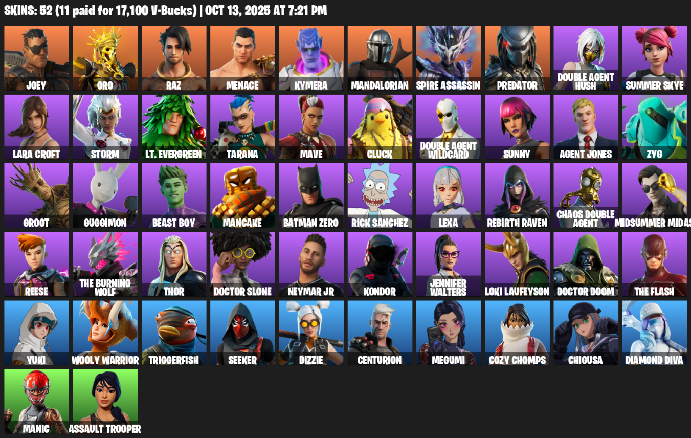 Fortnite Account ( PLAYSTATION / XBOX / PC / MOBILE / NINTENDO ) (Lara Croft, Joey, Oro, Raz, Menace, Kymera, Mandalorian, Spire Assassin, Predator) (52 Skins)