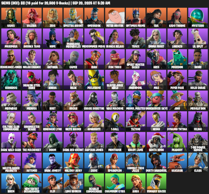 Fortnite Account ( PLAYSTATION / XBOX / PC / MOBILE / NINTENDO ) (Hades, Valeria, Zeus, Spectra Knight, Omegarok, Peter Griffin, Optimus Prime, Era, Kado Thorne) (88 Skins)