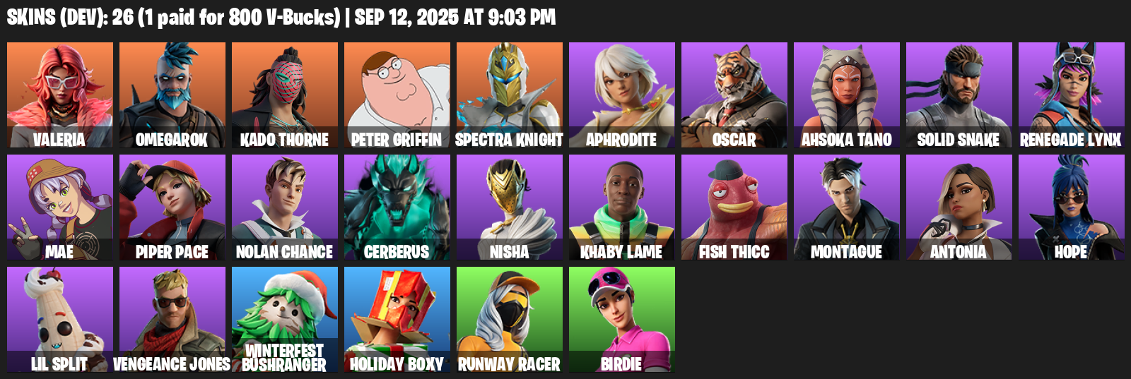 Fortnite Account ( PLAYSTATION / XBOX / PC / MOBILE / NINTENDO ) (Valeria, Omegarok, Kado Thorne, Peter Griffin, Spectra Knight, Aphrodite, Oscar, Ahsoka Tano) (26 Skins)