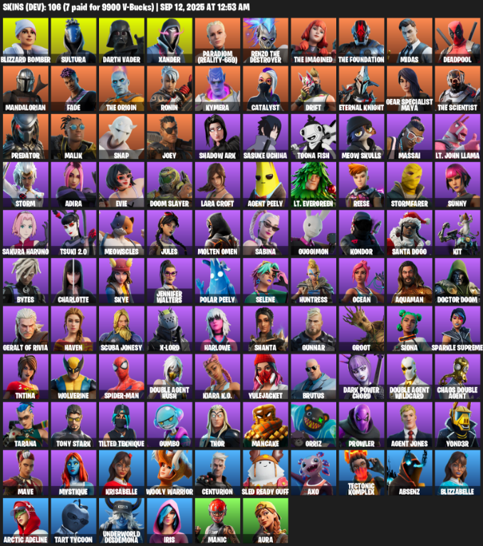 Fortnite Account ( PLAYSTATION / XBOX / PC / MOBILE / NINTENDO ) (Lara Croft, Blizzard Bomber, Sultura, Darth Vader, Xander, Paradigm (Reality-659)) (106 Skins)