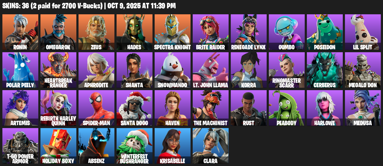 Fortnite Account ( PLAYSTATION / XBOX / PC / MOBILE / NINTENDO ) (Ronin, Omegarok, Zeus, Hades, Spectra Knight, Brite Raider, Renegade Lynx, Gumbo, Poseidon) (36 Skins)