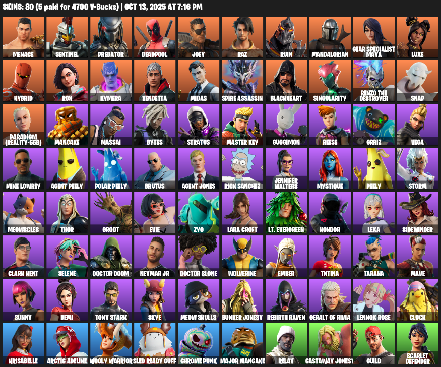 Fortnite Account ( PLAYSTATION / XBOX / PC / MOBILE / NINTENDO ) (Lara Croft, Menace, Sentinel, Predator, Deadpool, Joey, Raz, Ruin, Mandalorian) (80 Skins)