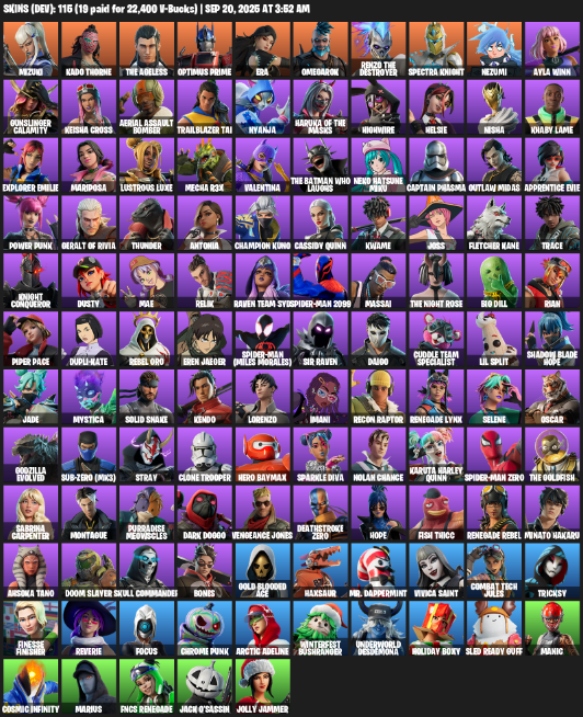 Fortnite Account ( PLAYSTATION / XBOX / PC / MOBILE / NINTENDO ) (Mizuki, Kado Thorne, The Ageless, Optimus Prime, Era, Omegarok, Renzo the Destroyer) (115 Skins)